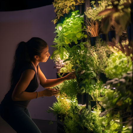 Young woman working in a greenhouse, taking care of her plants., ai generatedの素材