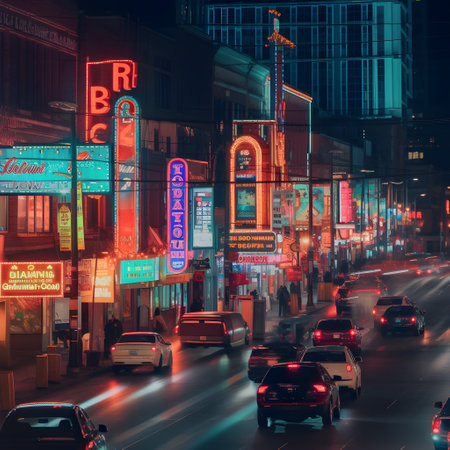 Night view of a street with neon signs and cars., ai generatedの素材