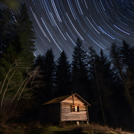 Night starry sky over wooden house in the forest. Long exposure, ai generatedの素材