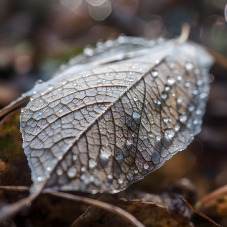 Close up of frozen leaf with dew drops in autumn forest., ai generatedの素材