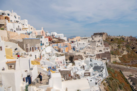 Oia village on Santorini island, Greece. Picturesque and gorgeous panoramic view.の写真素材