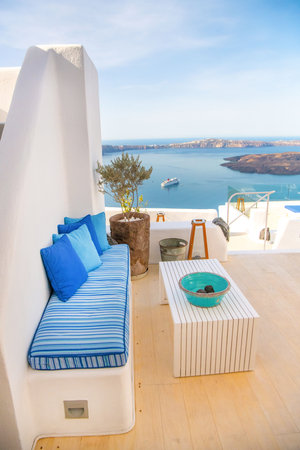 Beautiful Architecture building Exterior with santorini and greece style - Vintage light filterの写真素材