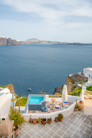 White architecture on Santorini island, Greece. Beautiful landscape with sea viewの写真素材