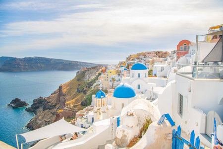 White architecture on Santorini island, Greece. Beautiful summer landscape.の写真素材