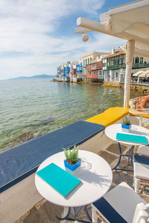 Cafe on the seafront of Chania, Crete, Greeceの写真素材