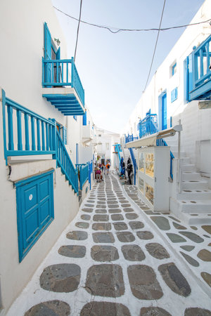 The narrow streets of Mykonos town.の写真素材