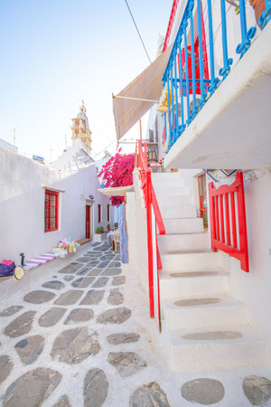 The narrow street of the old town of Mykonos, Greeceの写真素材