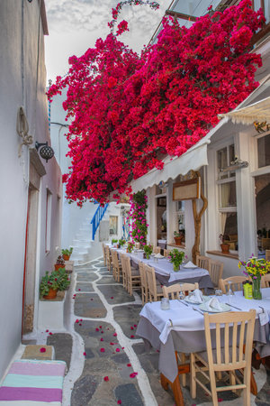 Street view of typical greek tavern with tables and chairs in Mykonos town, Cyclades, Greeceの写真素材