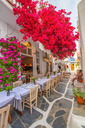 The restaurant in the old town of Santorini, Greeceの写真素材