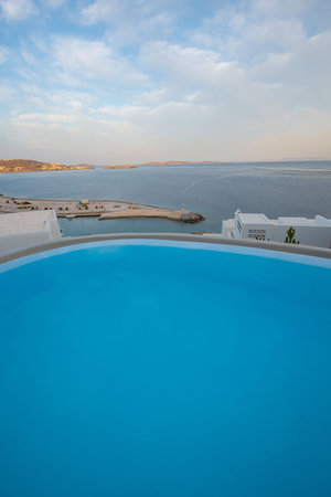 Swimming pool at luxury hotel on Santorini island, Greeceの写真素材