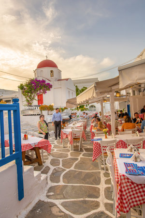 Traditional greek tavern in Mykonos town, Cyclades, Greeceの写真素材