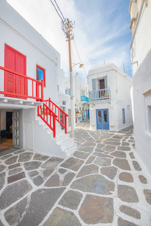 Typical narrow street in Chora, Mykonos island, Greeceの写真素材