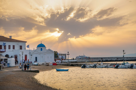 View of the Church of St. Nicholas on the island of Mykonos, Greeceの写真素材