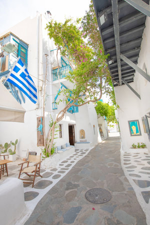 Street in the old town of Santoriniの写真素材