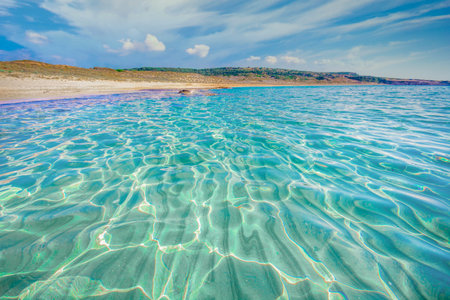 Amazing seascape with clear turquoise water and sandy beach. Location place Sardinia, Italy, Europe. Beauty world.の写真素材