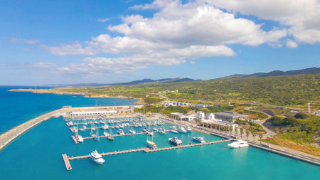 Aerial view of the marina with luxury yachts and boats.の写真素材