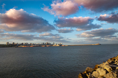 Sunset in the city harborの写真素材