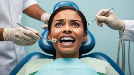 dentist with open mouth looking at camera while holding dental toolsの素材