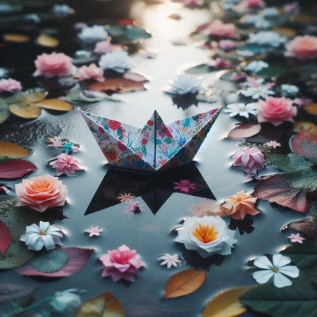 Paper boat floating on the surface of a lake surrounded by colorful flowersの素材