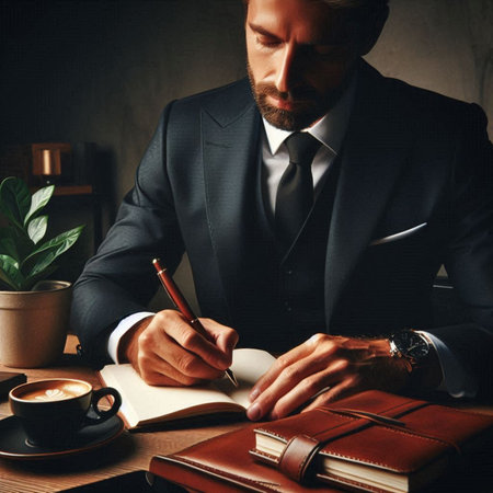 Businessman writing in notebook at table in office. Business concept.の素材