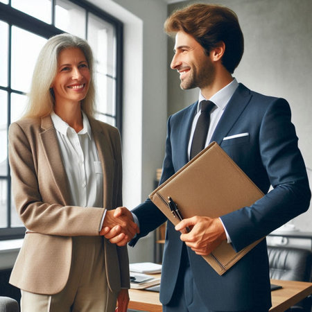 Smiling businesswoman and businessman shaking hands while standing in office.の素材