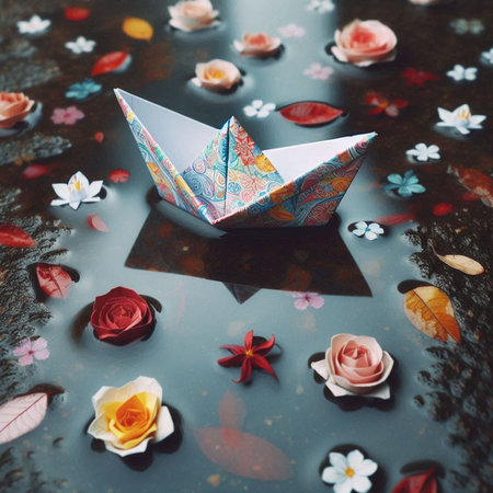 Paper boat floating on the water with colorful flowers on the background.の素材