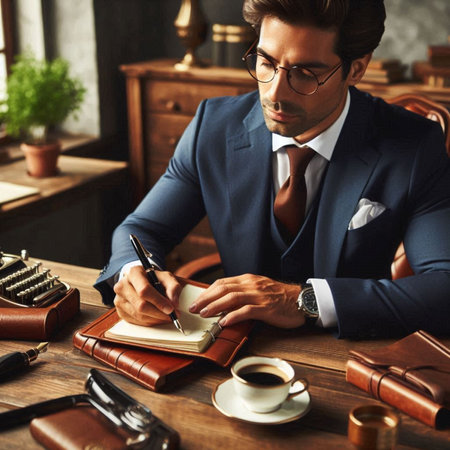 Handsome young man in elegant suit writing in notebook while sitting at table in cafeの素材
