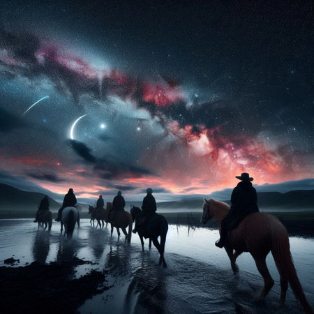 Horseback riding in the night starry sky. 3d renderingの素材