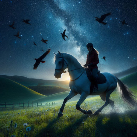 Man riding a horse in the starry sky. Elements of this image furnished by NASAの素材