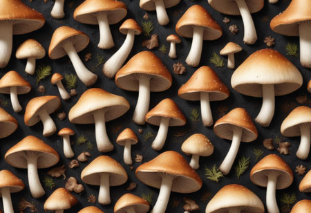 Autumn mushrooms on a black background. Top view, flat layの素材