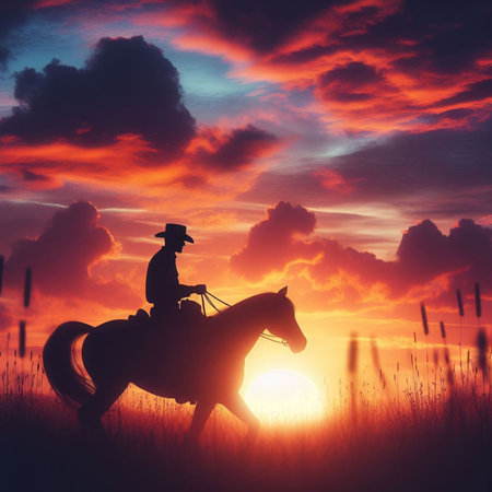 Cowboy on horseback in the meadow at sunset. 3d renderingの素材