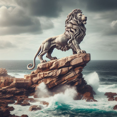 Lion statue on the cliff. Vintage style, toned imageの素材