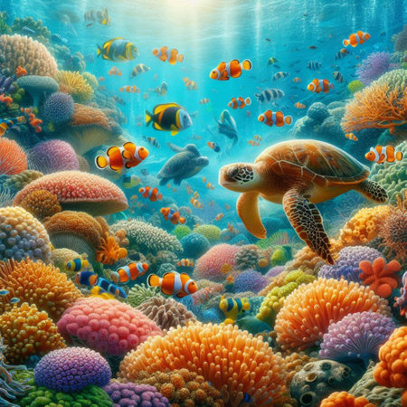 Turtle on coral reef. Marine life. 3d illustration.の素材