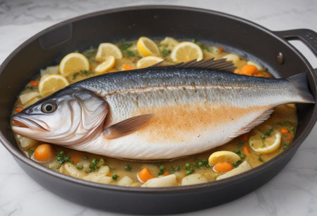 Fish soup with lemon and vegetables in a frying pan on a white backgroundの素材