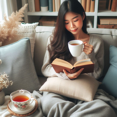 Beautiful asian woman reading a book and drinking tea at homeの素材