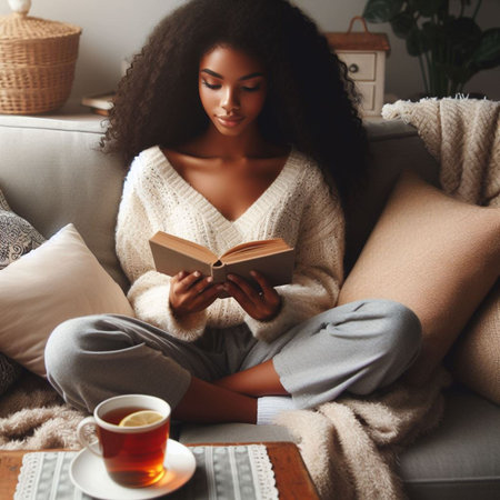 Young african american woman reading book while sitting on sofa at home.の素材