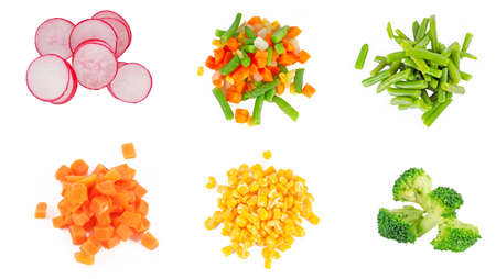 set of different frozen vegetables isolated on whiteの写真素材