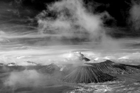Early morning black and white landscape of crater Bromo, Java island, Indonesiaの写真素材