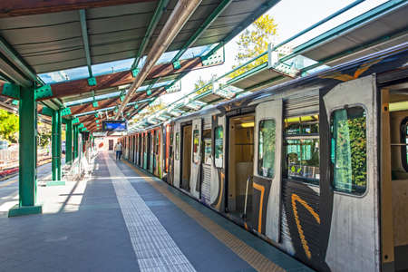Athen, Greece - 15 August 2019: Subway car splattered with graffiti on Monastiraki station, Athens, Greeceのeditorial素材