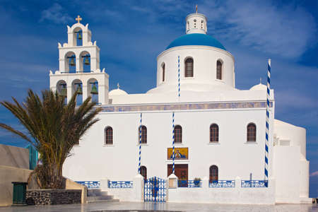 church of Agia Irini at Oia town, the famous landmark on Santorini island, Greeceのeditorial素材