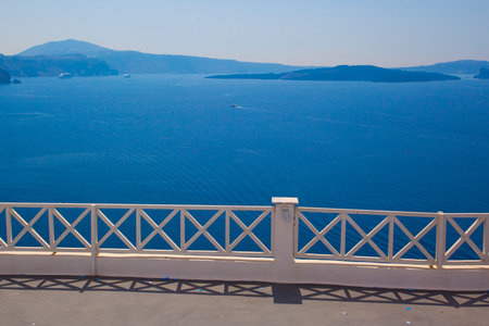 Beautiful view of famous romantic white town in Santorini Island, Greeceの写真素材