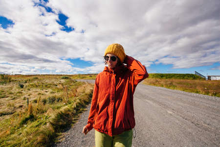 Woman in sport clothes, traveling Iceland