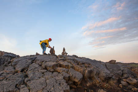 Woman traveling Iceland. In famous place between continentsの写真素材