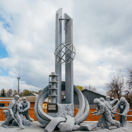 CHERNOBYL, UKRAINE - APRIl 15, 2019: Monument to firefighters who participated in liquidation of consequences of accident at Chernobyl nuclear power plant ("Those who saved world")のeditorial素材