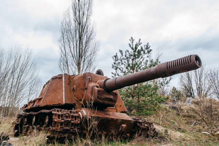 Abandoned Russian self propelled gun in Chernobyl Exclusion Zone, Ukraineの写真素材
