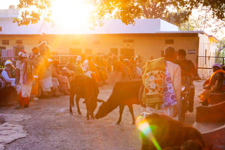 Rishikesh, Uttarakhand / India - December 1, 2019: Indian hindu devotee monks (sadhu) around famous Swarg Ashram in pilgrimage tourist spot Rishikeshのeditorial素材