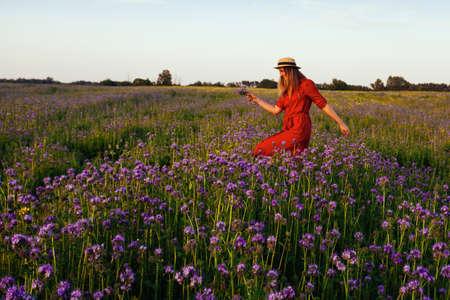 Beautiful young woman in violet phacelia flowers field in sunset tima