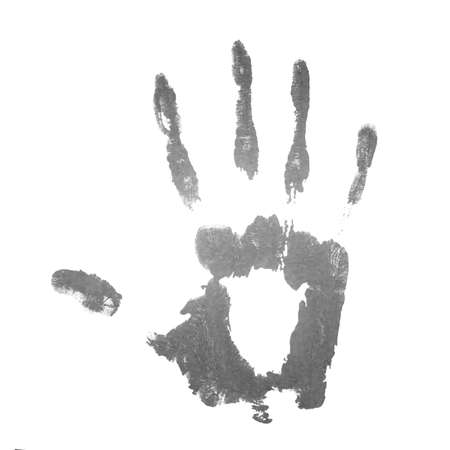 Handprint with paint on the white background, black and whiteの写真素材