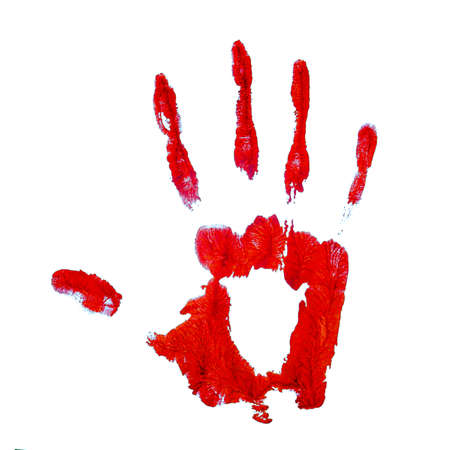 Handprint with red paint on the white backgroundの写真素材