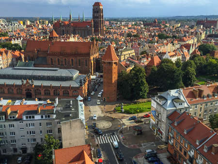 Gdansk, Poland - September 2, 2018: townscape with red roofs in old city Gdansk made from top,...